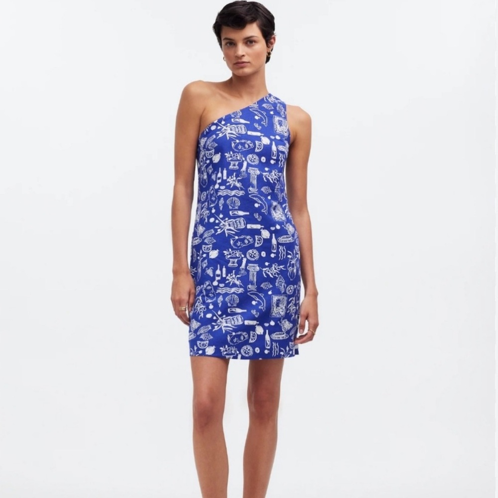 Madewell x Lisa Says Gah NWT Blue and White Linen One Shoulder Dress